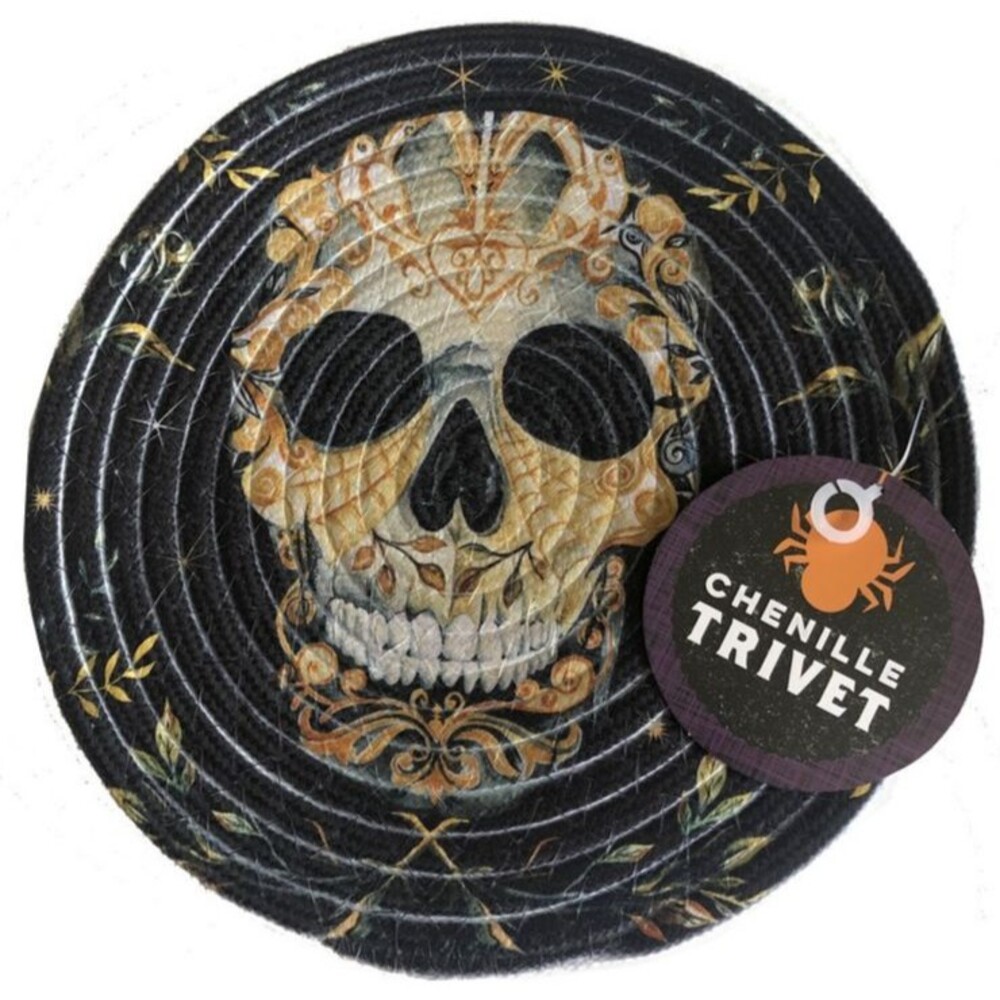 Halloween Trivet Skull Braided Hot Pad Chenille Spooky Scary Black 9" Round